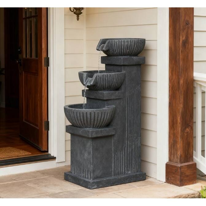 GDFStudio - 4-Tier Resin Outdoor Waterfall Fountain with LED Lights