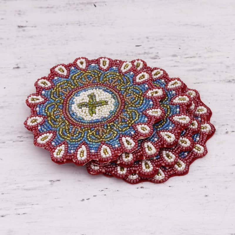NOVICA Artisan Handblown Glass Beaded Coaster From India Multicolor Floral Barware 'Floral Brilliance' (Set of 4)