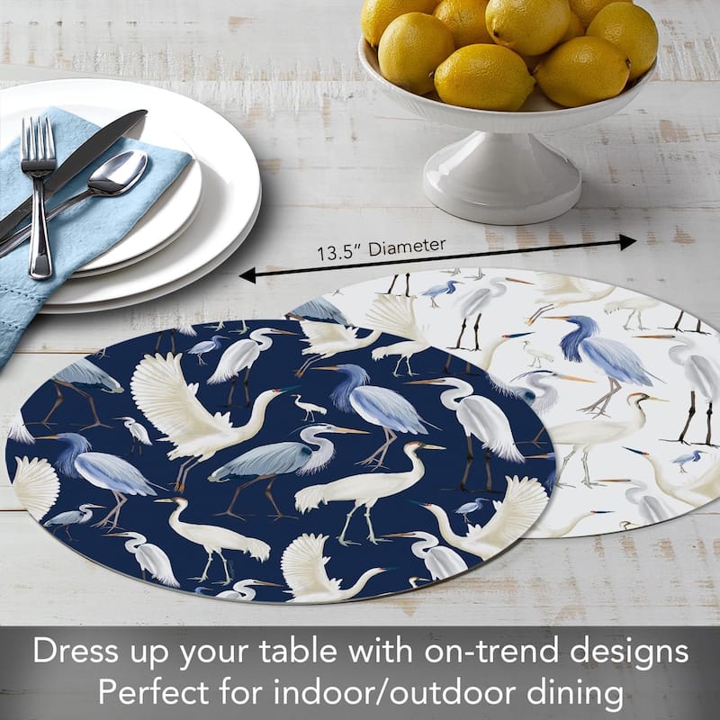 Beachy Birds 4 Pack Round Reversible Easy Care Flexible Plastic Placemats Made in The USA Reversible Flexible Easily Wipes Clean