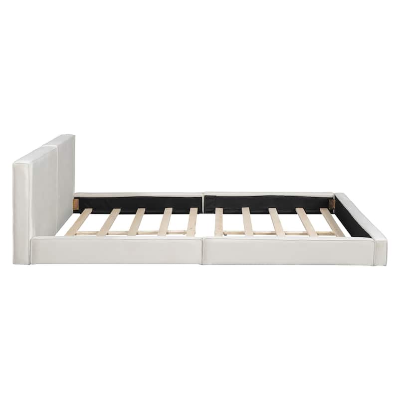 Queen Size Upholstered Platform Bed with Velvet Fabric, Grounded Bed with Solid Frame
