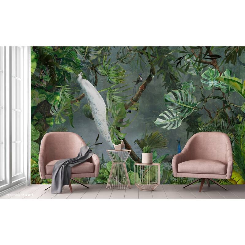 Exotic White Peacock Wallpaper Mural - Green - W:163" x H:110"