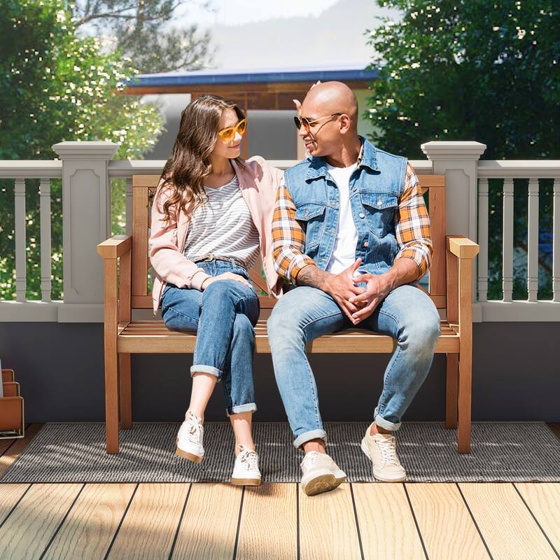 2-Person Patio Bench in Natural Teak Wood Outdoor Garden Seating with Backrest and Arm Support - 52” L x 27.5” W x 33” H
