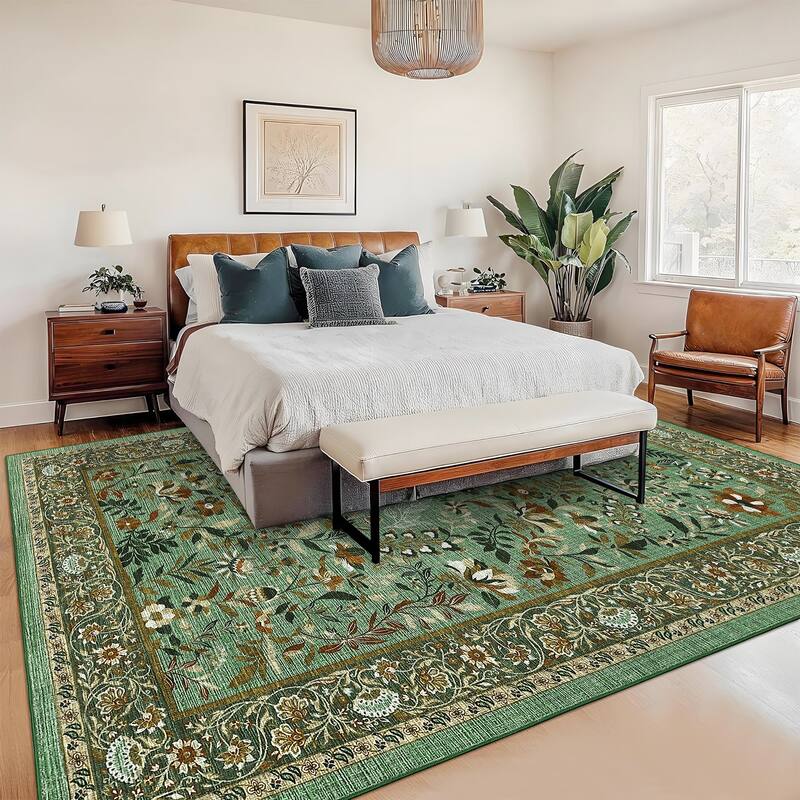 Botanical Area Rugs for Living Room Floral Leaves Pattern Rug Washable Farmhouse Soft Non-Slip Accent Carpet