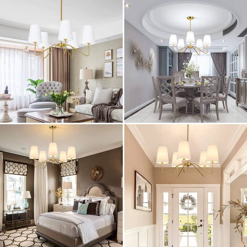 5-Light Modern Chandelier with White Shades,30"Brass Gold Chandelier,Classic Pendant Ceiling Light Fixture w/ E12 Base