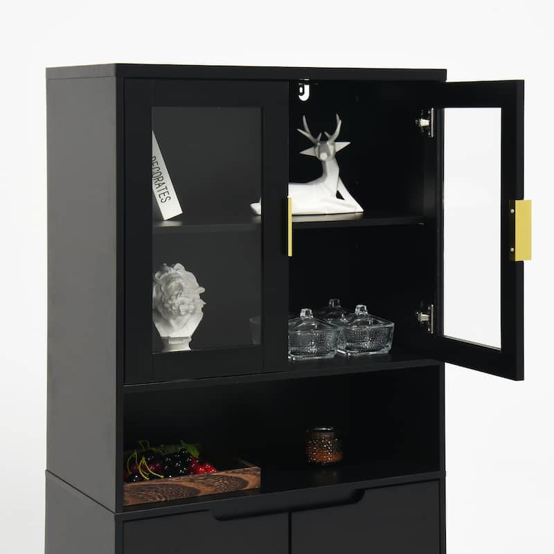 Tall Kitchen Pantry Cabinet with 2 Glass Display Doors & 2 Solid Doors