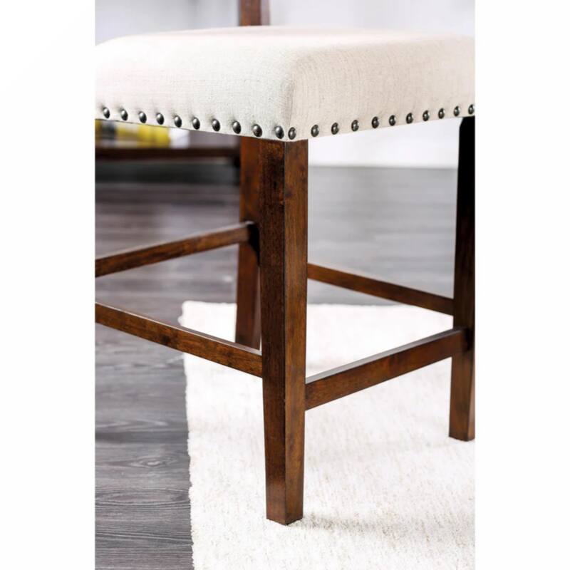 Set of 2 Linen Upholstered Dining Chairs with Nailhead Trim in Brown Cherry and Ivory