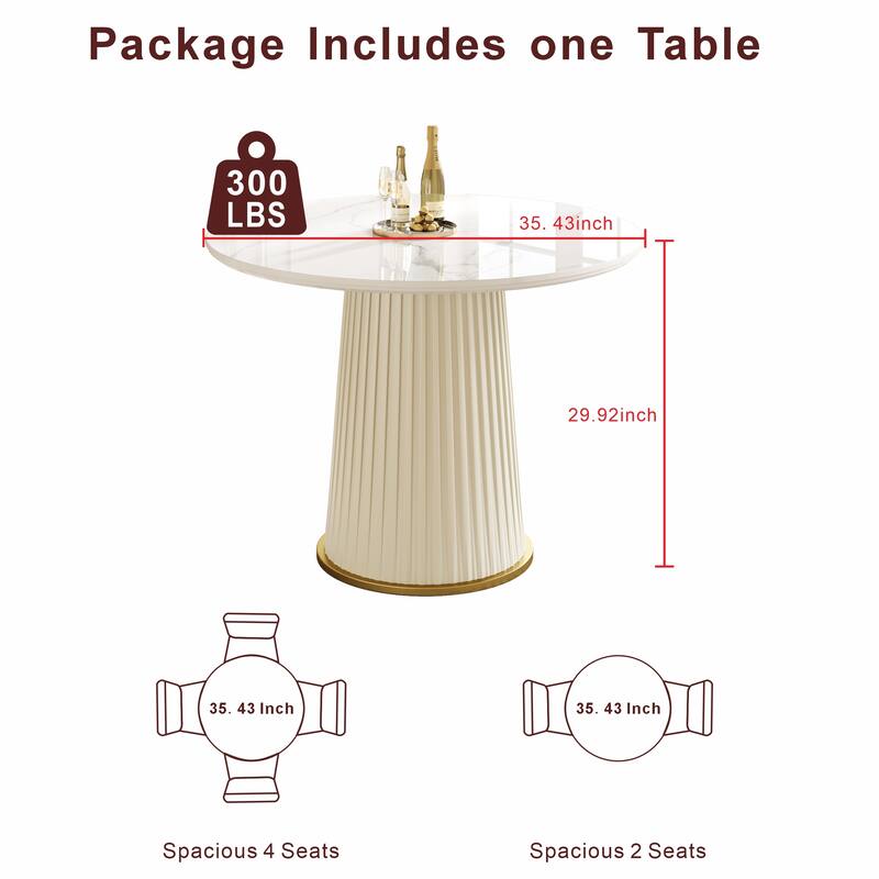 Modern 35.43 Inch Round Dining Table, Glossy Sintered Stone Top with Pleated PU Leather Iron Pedestal, Adjustable Feet - White