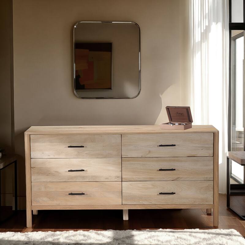 Geti 6 Drawers, 66 Inch Wide Dresser, Handcrafted Natural Oak White Mango Wood, Black Handles