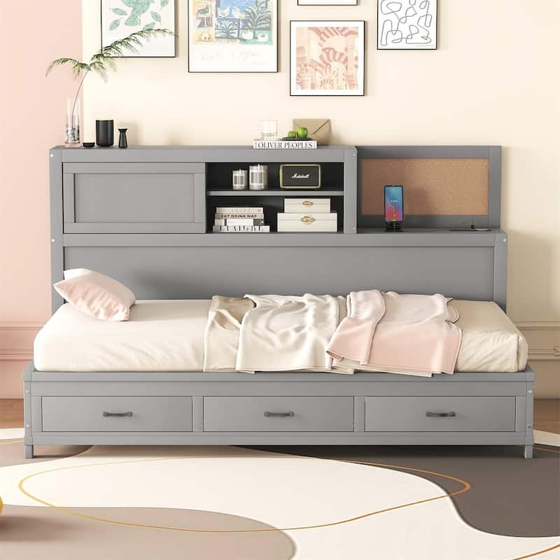 Merax Wooden Daybed with 3 Storage Drawers, Sockets and USB Ports - Grey - Twin