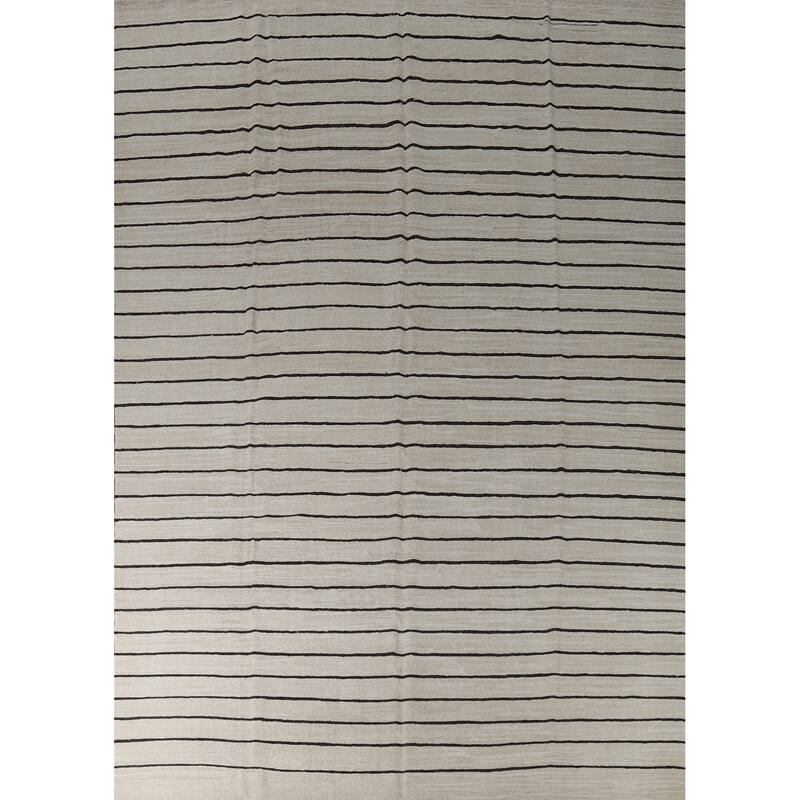 Hand Woven Oriental Cotton Carpet Modern All-Over Beige & Ivories Kilim Area Rug - 13' 3'' X 10' 1''