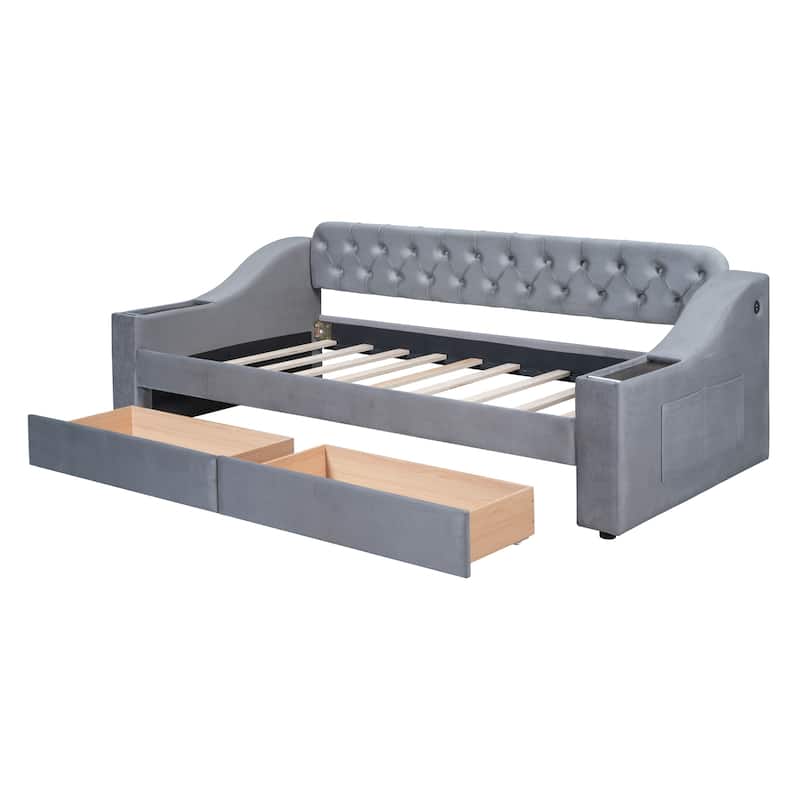 Twin Size Upholstered Daybed with Storage Armrests and USB Port, Beige - N/A