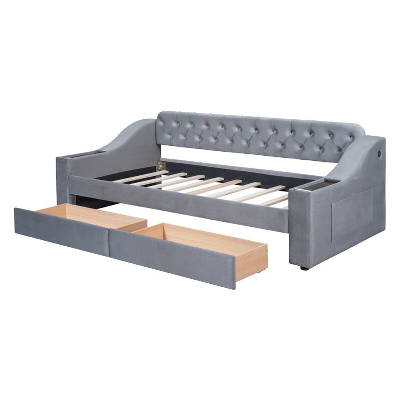 Twin Velvet Upholstered Daybed w/ Storage Armrests, USB Port, 2 Drawers