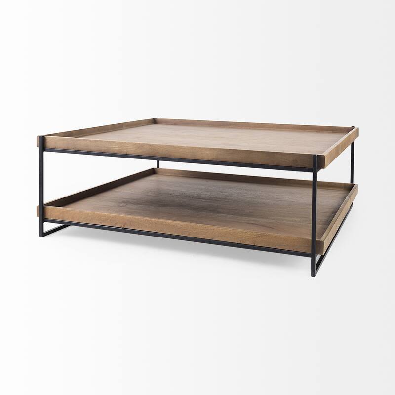 Trey Medium Brown Solid Wood w/Black Metal Frame Two-Tier Coffee Table - 48.0L x 46.0W x 17.0H - Brown