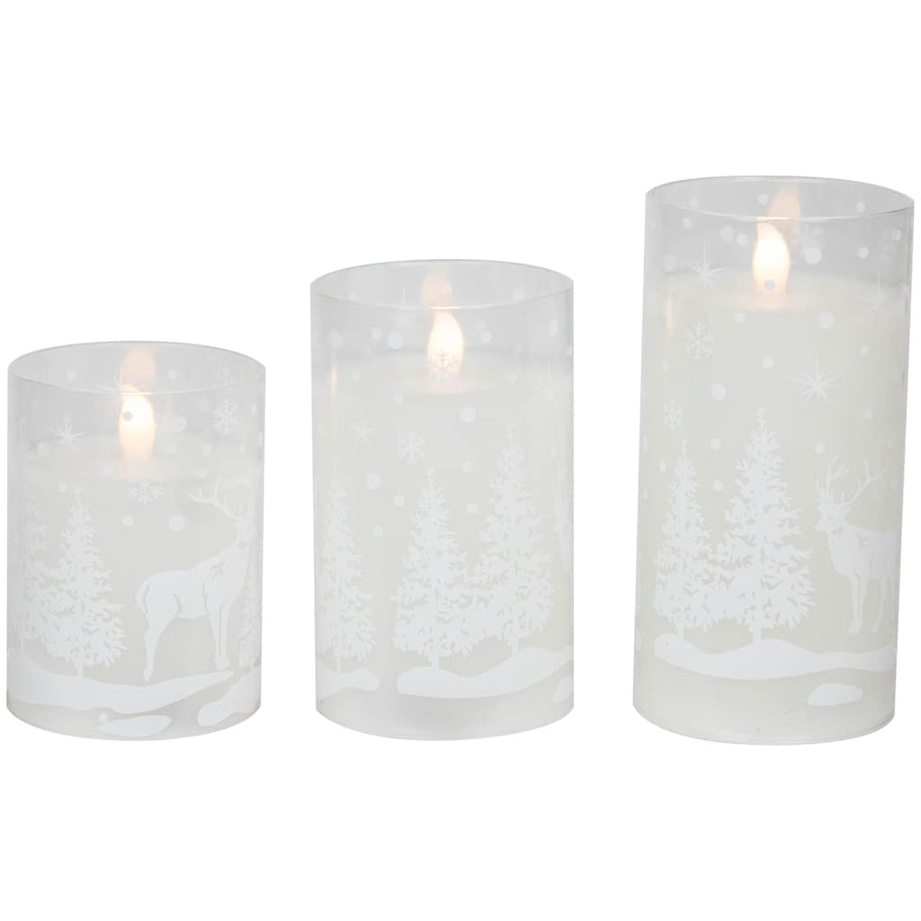 LED Flameless Flickering Snowy Woodland Glass Christmas Pillar Candles - 6" - Set of 3