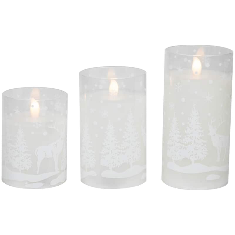 3 Snowy Woodland Flameless LED Flickering Christmas Pillar Candles 6"