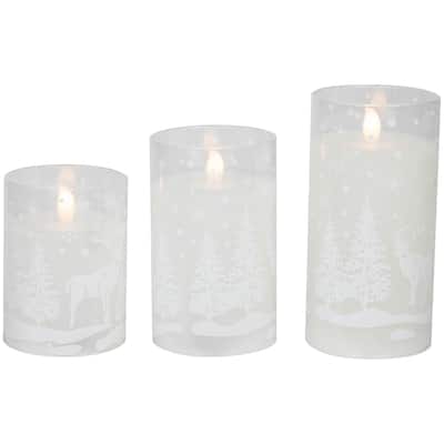 3 Snowy Woodland Flameless LED Flickering Christmas Pillar Candles 6"
