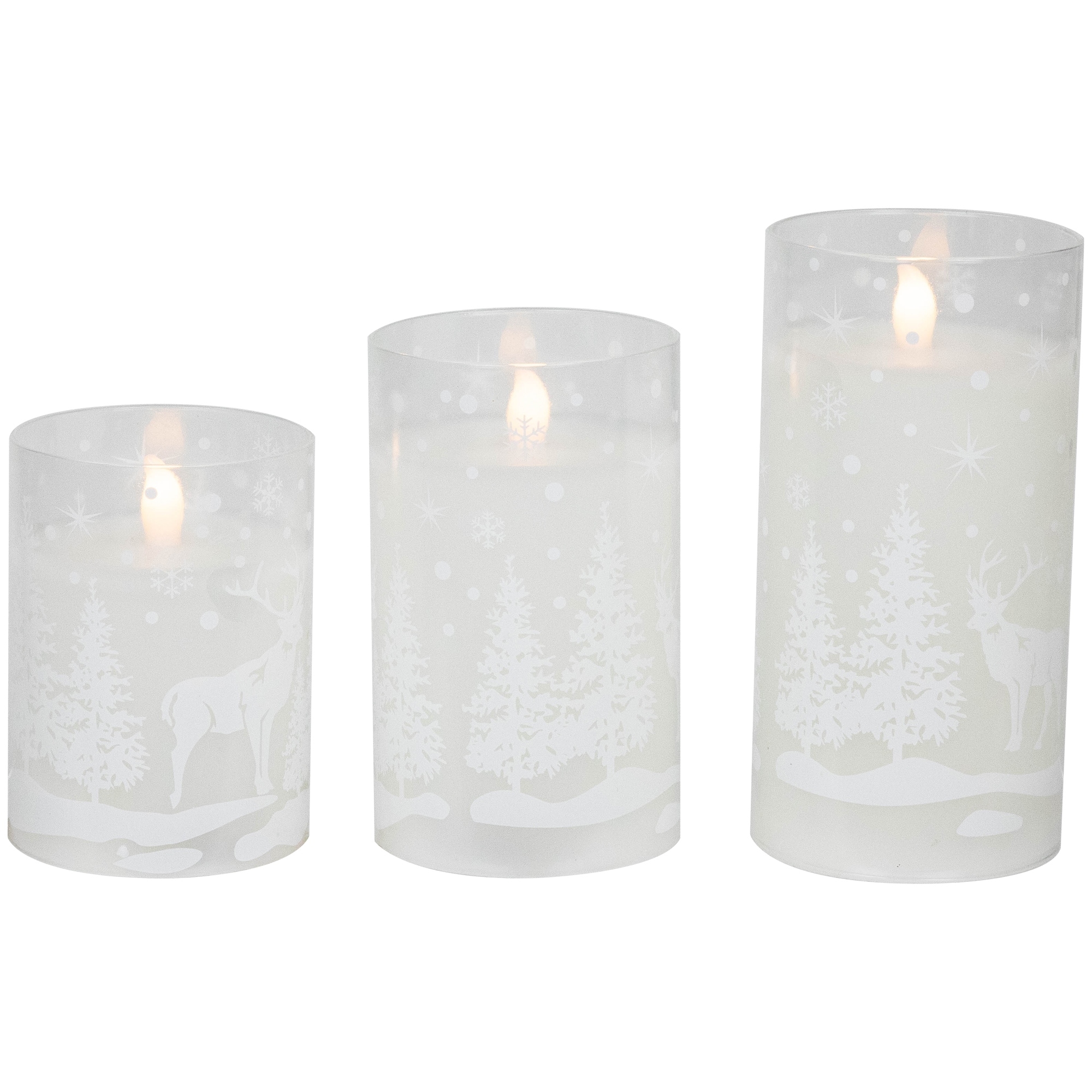 3 Snowy Woodland Flameless LED Flickering Christmas Pillar Candles 6"