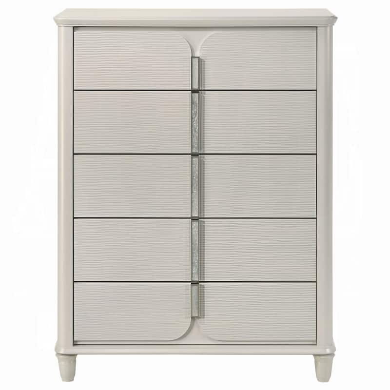 Veda Tall Dresser Chest, Elegant Pearl White Wood, 5 Modern Drawers