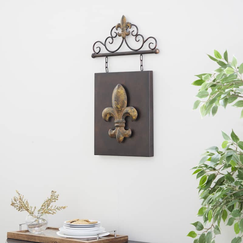 Metal Fleur De Lis Suspended Home Wall Decor with Scrollwork Hanger - Bronze - Roche River Decor