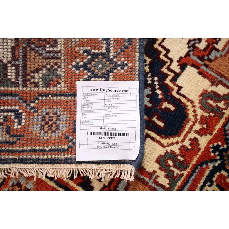 Navy Blue Heriz Serapi Accent Rug Hand-Knotted Oriental Wool Carpet - 2'0" x 3'0"