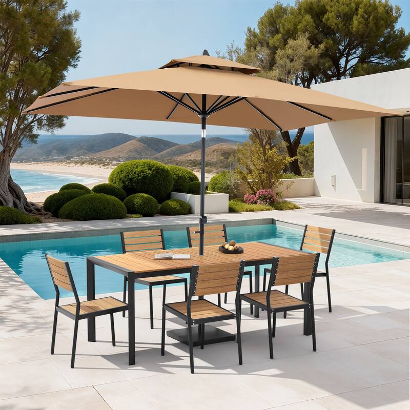 9-Piece Outdoor Patio Dining Set Wood Like Aluminum Umbrella Hole Table with Stackable Chairs, Market Umbrella and Base - BrownTable&BrownChairs&TanUmbrella