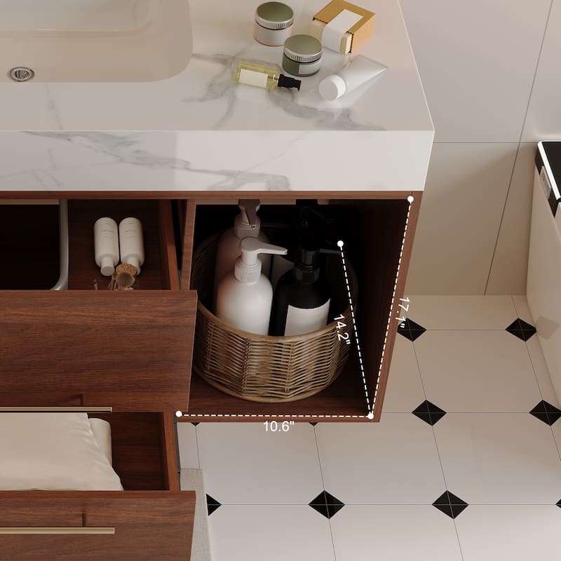 Modern Wall Mounted Bathroom Vanity Floating Storage Cabinet with Ceramic Sink, Faux Marble Countertop, Drawers and Open Shelves