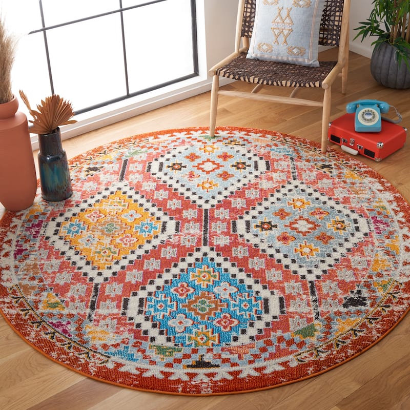 SAFAVIEH, Madison Hortensia Boho Diamond Distressed Rug - 6'7" Round - Rust/Pink