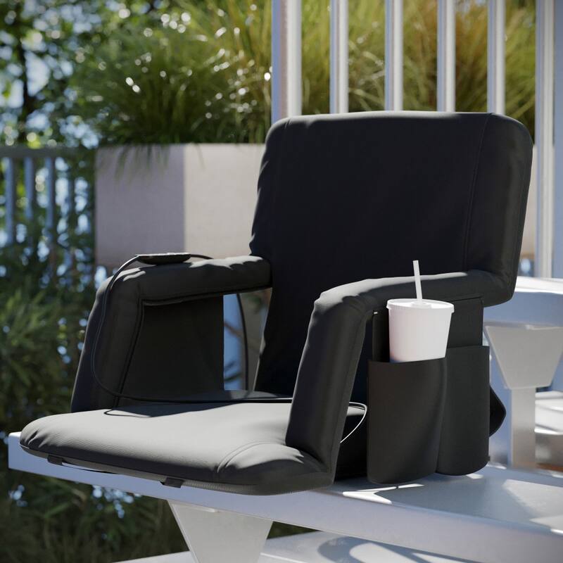 Extra Wide Foldable Reclining Heated Stadium Chair with Backpack Straps - Black
