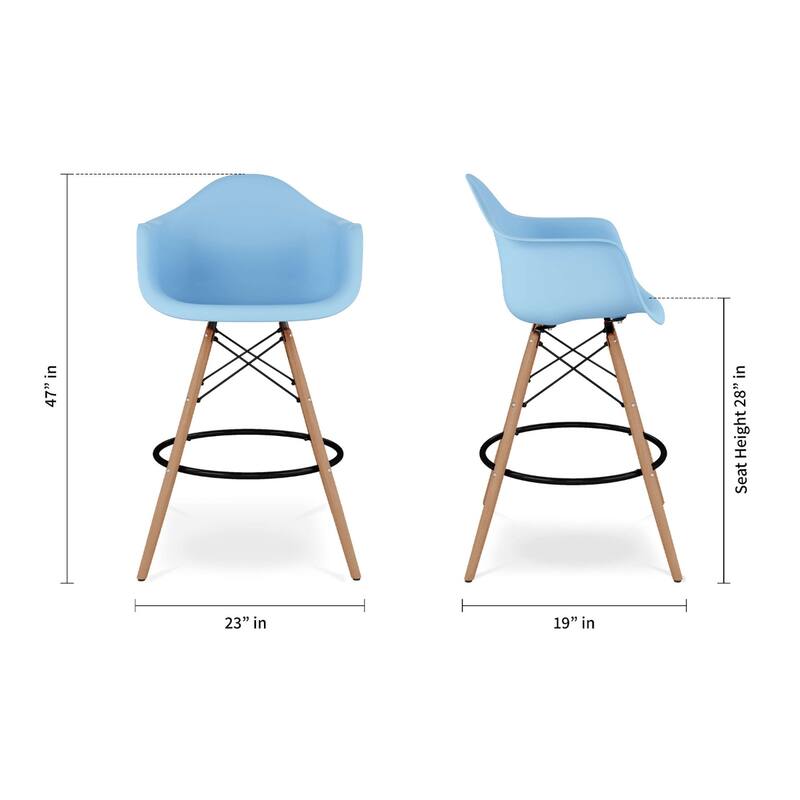 Wood Plastic Bucket Seat Counter Height Chair with Arms and Footrest - 19” x 23” x 47” (D x W x H)