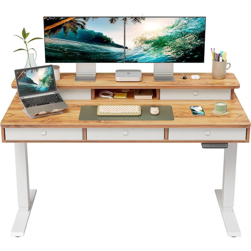 FEZIBO Height Adjustable Electric Standing Desk with 5 Drawers, Table with Storage Shelf, Sit Stand Desk
