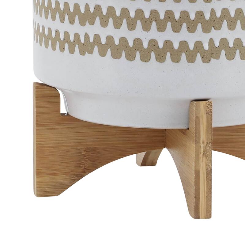 White and Tan Ceramic Handmade Planter with Natural Wood Stand