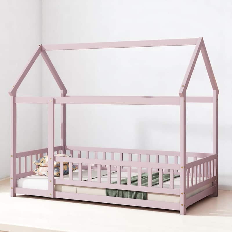 Twin / Full Size Wooden House Bed with Fence and Roof bed Frame, Montessori Style Floor Bed for Kids - Pink - Full 