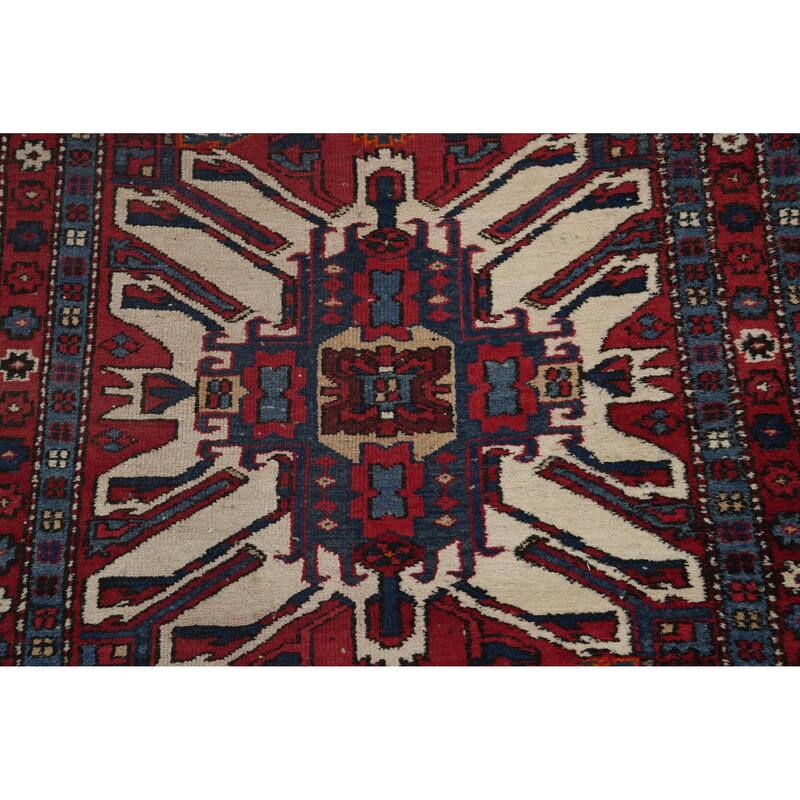 Hand Knotted Oriental 100% Wool Carpet Traditional Geometric Red Heriz Runner Rug - 10' 8'' X 3' 3''