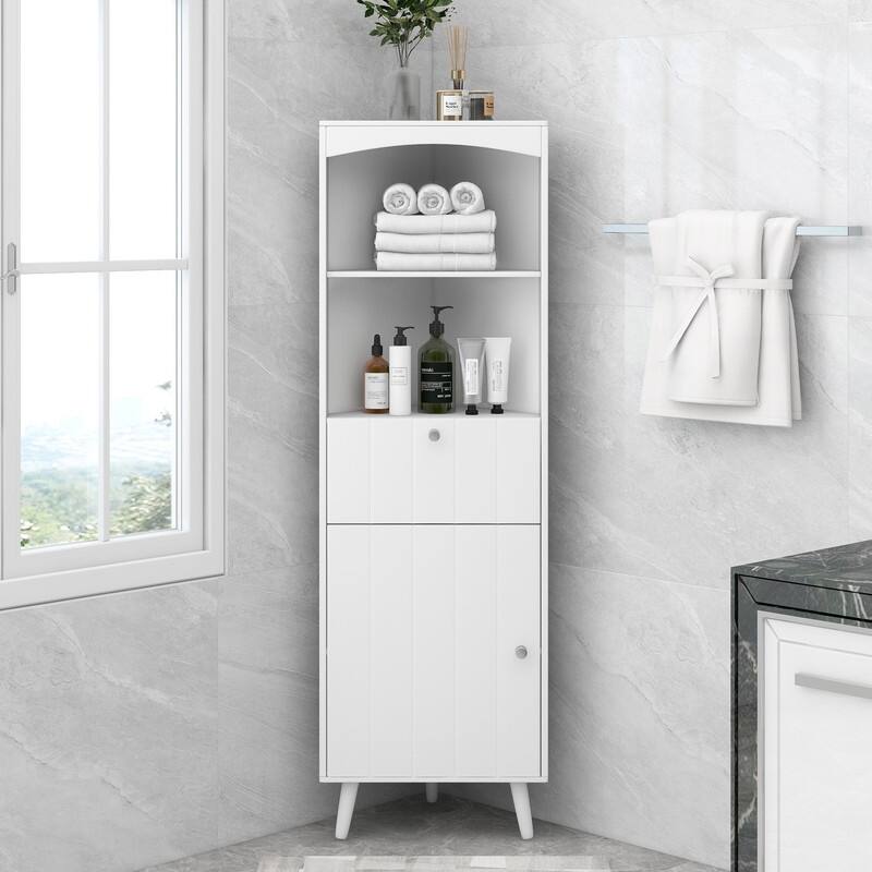 Triangle Elegant Corner Cabinet with Open Shelves, Drawer & 1 Door, Anti-toppling Device, Large Storage Space for Limited Space