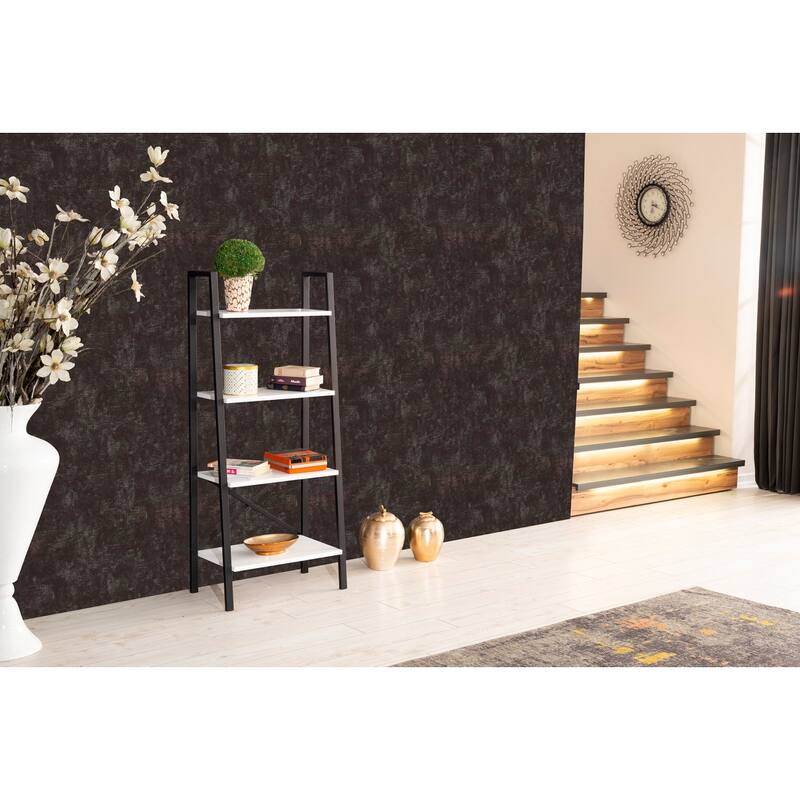 Leon 5 Tier Modern Ladder Bookshelf Organizers, Metal Frame Bookshelf