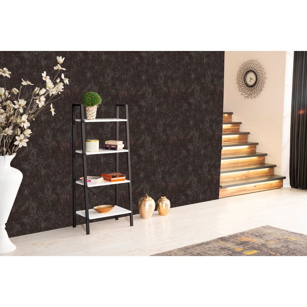 Leon 5 Tier Modern Ladder Bookshelf Organizers, Metal Frame Bookshelf