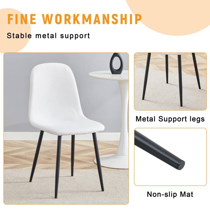 Luxury Simple Chair - Set of 4 WHITE Linen-Cotton Material High Resilience Dining Chair with Metal Black Leg