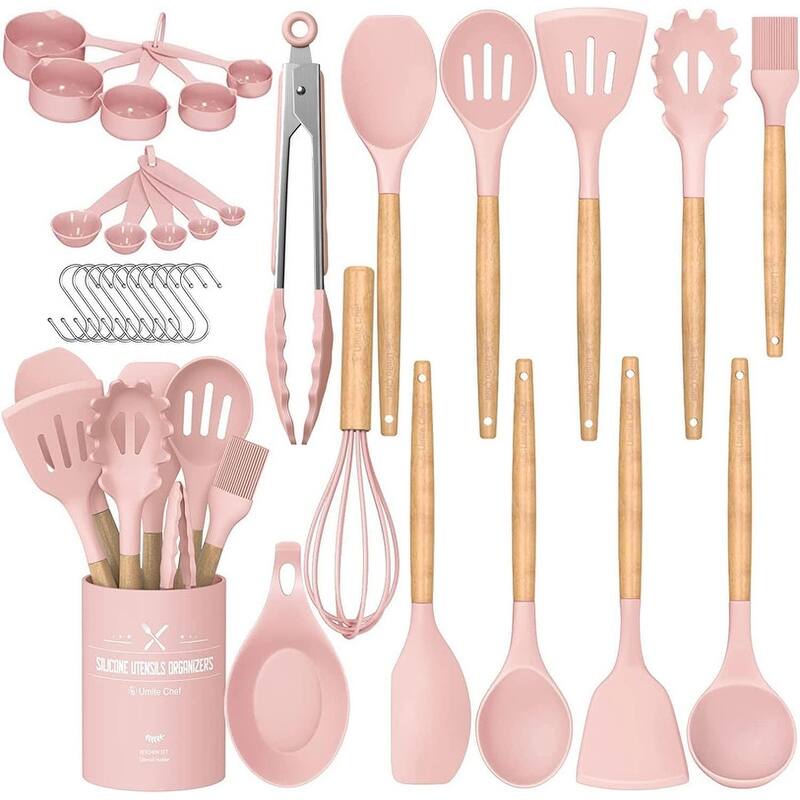 Kitchen Cooking Utensils Set, 33 pcs Non-Stick Utensils Spatula Set with Holder - Pink