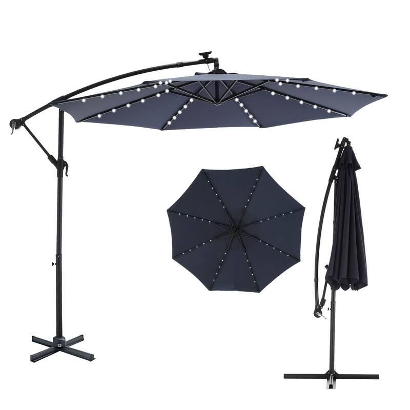 Outdoor Patio 10-Ft Solar LED Offset Hanging Umbrella - Navy Blue