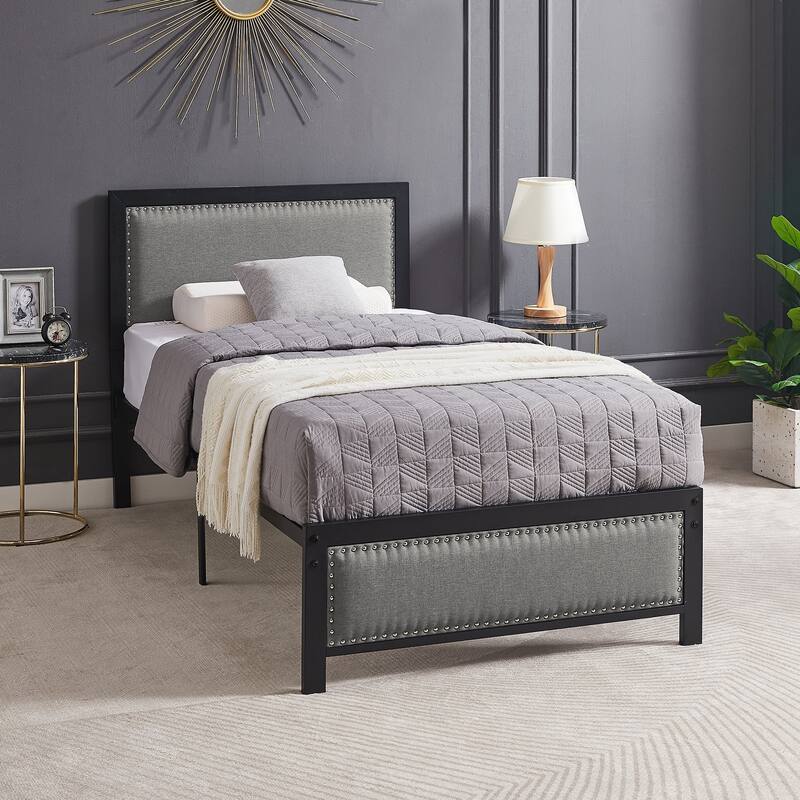 VECELO Upholstered Kids Bed with Headboard,Twin Size Bed Set of 2