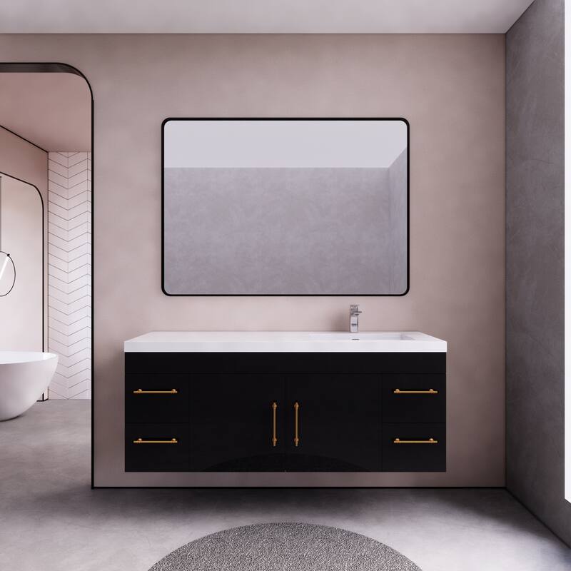 Eliza 60'' Wall Mounted Vanity with Single Sink on the Right - 60'' Width Right Single Sink - High Gloss Black