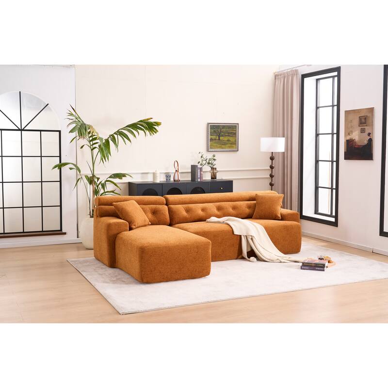Combining Chaise Longue With 3-Seater, Wood Grain Chenille Fabric, Full Sponge Compression Sofa,Combined Sofa With 2 Pillows