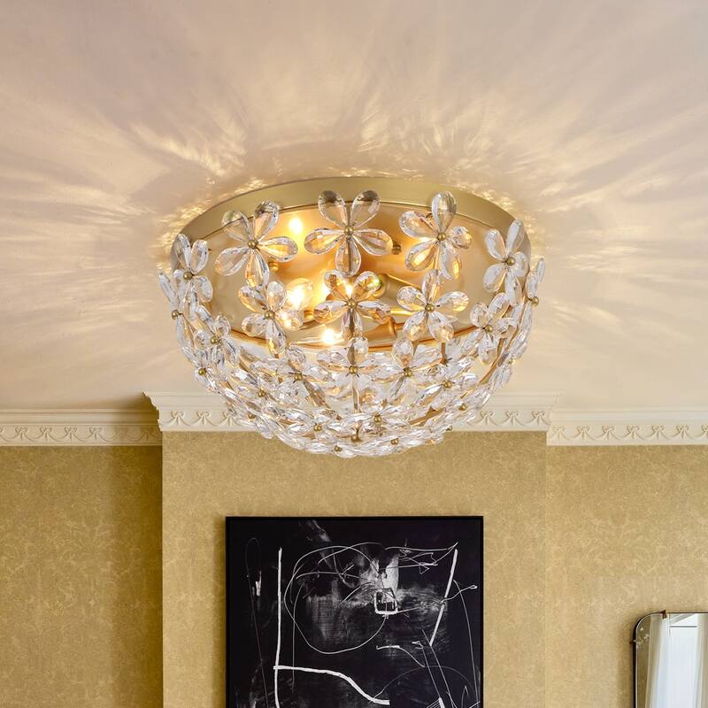 Luxury 3-Light Crystal Flower Cage Flush Mount Ceiling Light 16.5in