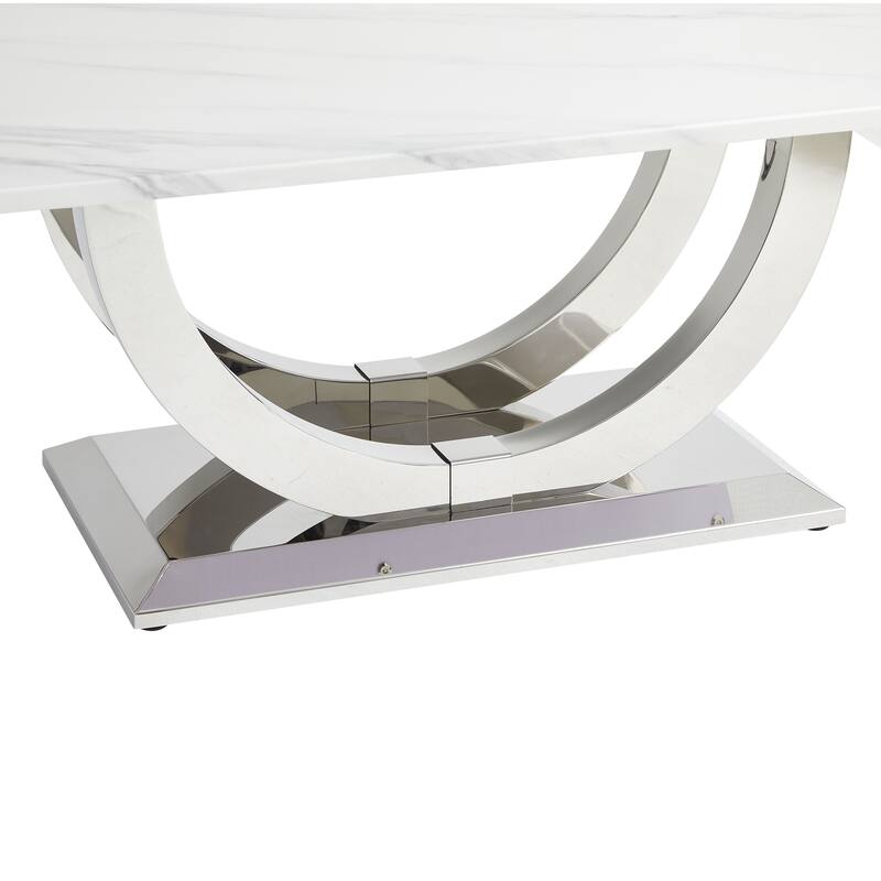 50.4 Inch Modern Rectangular Coffee Table,Marble Pattern MDF Top, Silver Stainless Steel Base.