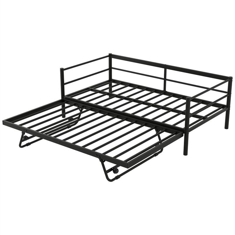 Twin Size Daybed with LED Light and Adjustable Trundle, Metal Daybed Frame Sofa Bed with Pop Up Trundle and Slats Support