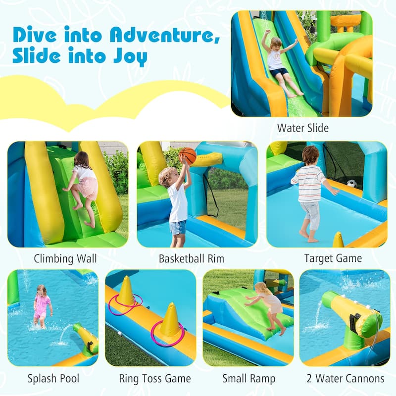 Costway Inflatable Water Park with Climbing Wall Basketball Rim Target - Multi-Colored