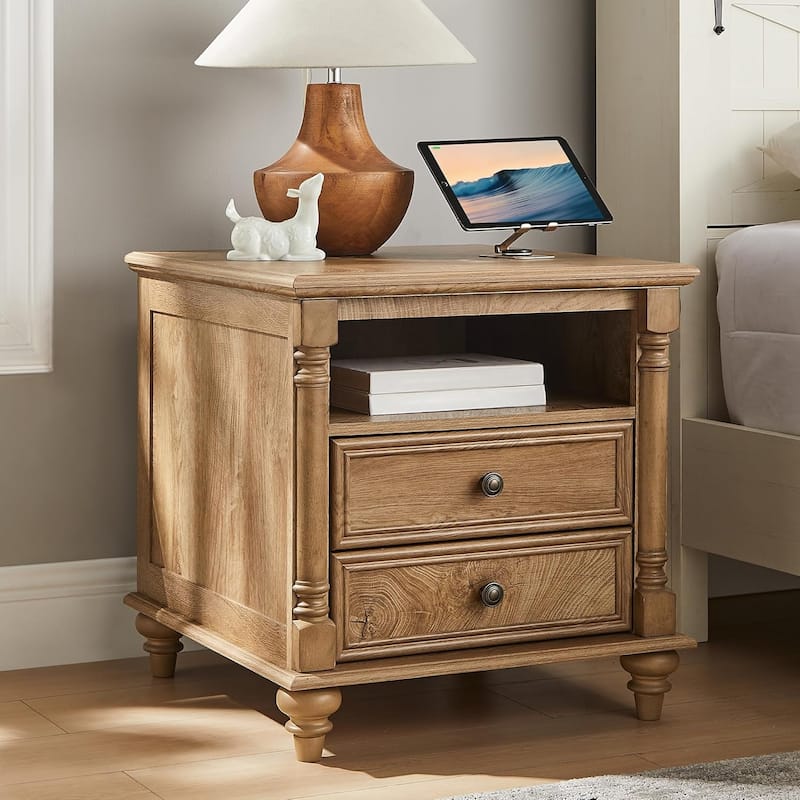 Farmhouse End Table, Sofa Side Table with Charging Station, Nightstand - Light Tree Knot