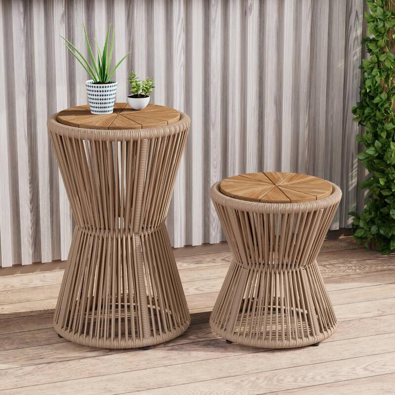 Scott Living - Nara Modern Outdoor Acacia Wood and Woven Rope Sculptural Side Table, Set of 2 - 32.28"L - Beige,Light Teak finish