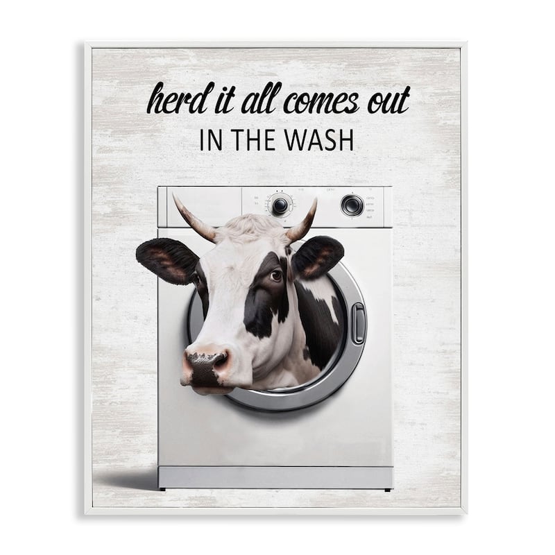 Stupell Cow & Washing Machine Framed Giclee Art Design By Lettered and Lined - 16 x 20 - White
