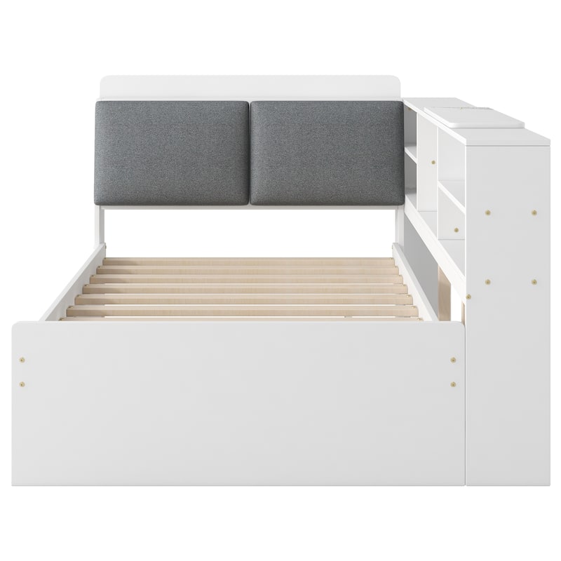 Twin Size Platform Bed with Trundle Bed, Built-in Storage Headboard, Shelves, and Rotating Board, Upholstered Backrest